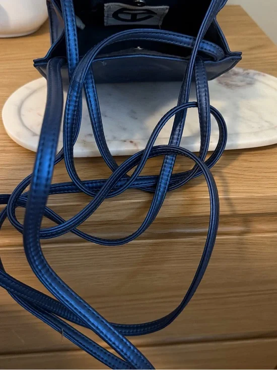 Telfar Small Metallic Navy Shopping Bag - Women's Leather Tote - Picture 5 of 6